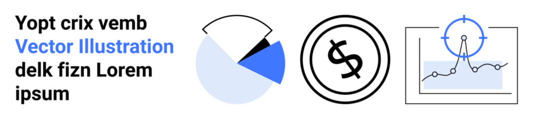 Pie chart with segmented data, dollar coin icon, and analytics graph with target focus. Ideal for finance, investment, data analysis, statistics, tech insights, business strategy and abstract line