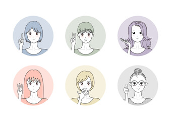 人物アイコンセット（女性6人・手つき・まる型）