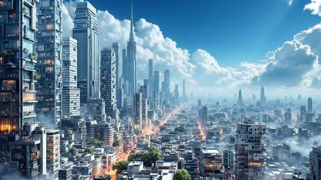 Futuristic cityscape with towering modern skyscrapers of glass and steel, vibrant streets, and greenery scattered among urban structures. Perfect for stock themes like advanced urbanization and city 