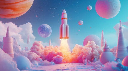 Fototapeta premium 3D Model of a Rocket Launching into Space with Exhaust Transforming into a Galaxy of Stars, Surrounded by Planets and Satellites, Featuring Futuristic Textures