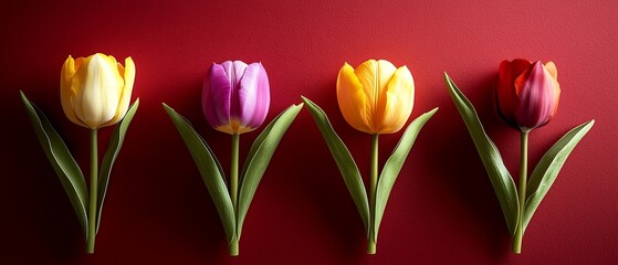 Fototapeta premium Elegant array of tulips in vibrant hues against a deep red background