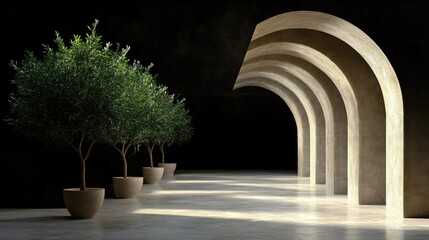 Fototapeta premium Potted olive trees stand in a row opposite a series of concrete arches in a minimalist modern hallway illuminated by dramatic sunlight.