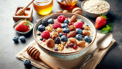 A bowl of oatmeal topped with berries, nuts, and honey, representing a nutritious and wholesome breakfast