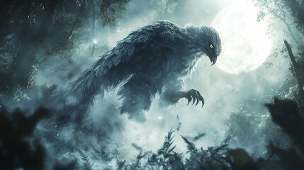 Obraz premium Fierce Yurgovuchia stalking its prey in a dense moonlit forest its feathers blending with the shadows The air is thick with the sounds of nocturnal creatures creating an eerie and suspenseful scene