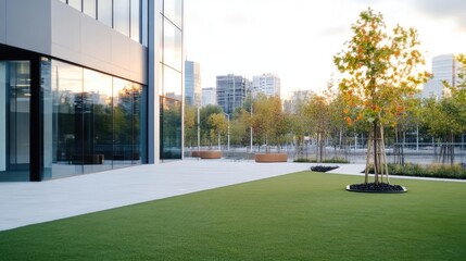 Obraz premium Modern office building exterior with landscaped outdoor space