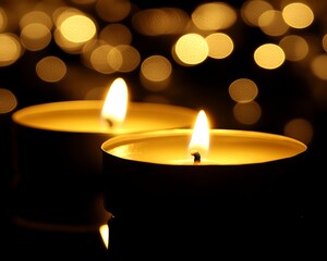 Two lit tea light candles with blurred golden background bokeh