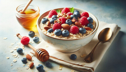 A bowl of oatmeal topped with berries, nuts, and honey, representing a nutritious and wholesome breakfast