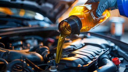 A skilled mechanic is precisely pouring highquality engine oil into a vehicle, highlighting the importance of modern automotive maintenance and the advanced technology in todays vehicles