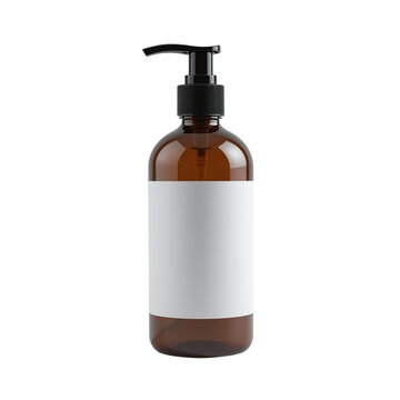Amber bottle mockup dispenser pump cosmetic product lotion liquid soap shampoo hygiene container blank label dark transparent background