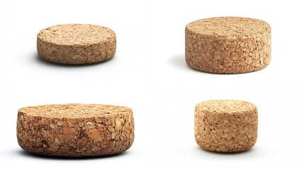 Four cork discs, various sizes and heights, isolated on white.