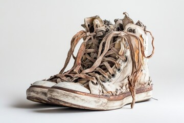 Worn canvas high-top sneakers on white background, showing distressed look