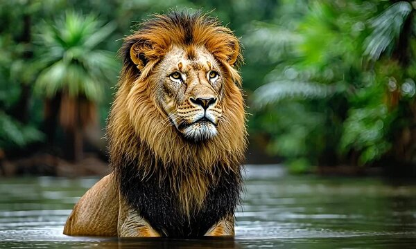 Majestic Lion Standing in Shallow Water Surrounded by Lush Tropical Foliage in a Serene Jungle Oasis