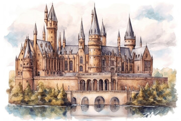 Fototapeta premium building of an ancient gymnasium, university in the Gothic style, watercolor,. Generative AI