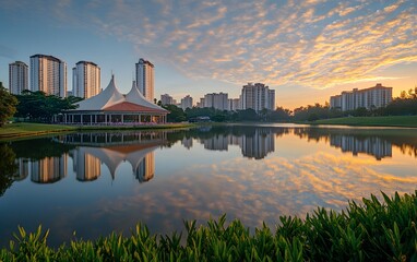Naklejka premium Serene Sunrise Reflection A Picturesque Urban Oasis in Putrajaya, Malaysia