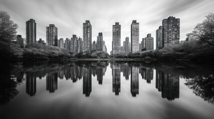 Fototapeta premium Cityscape reflected in tranquil park pond