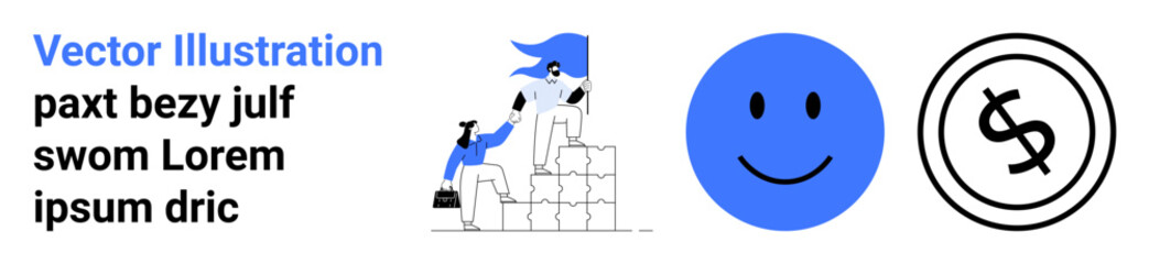 Team stacking boxes symbolizing effort, blue happy face for positivity, and money icon for financial representation. Ideal for teamwork, positivity, motivation, finance, success, planning abstract