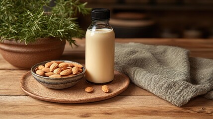 Almond milk bottle, nuts, rustic kitchen