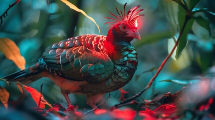 Fototapeta premium Crested partridge walking a jungle floor deep red and green feathers shining in diffused light small glowing eye ultra detailed nature setting
