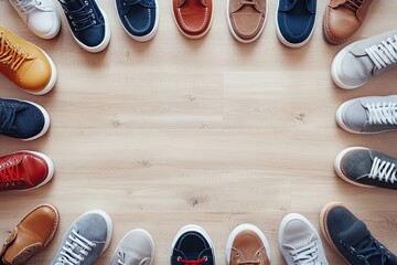 Colorful shoes arranged in a circle on light wood floor