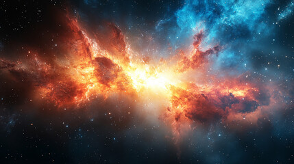 A bright light explodes in the dark universe, symbolizing new beginnings and endless possibilities, creating a vivid blue horizon that represents hope and transformation