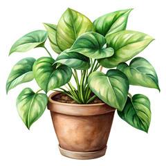 : Elegant hand-drawn watercolor illustration of Epipremnum plant isolated on transparent background, perfect for nature, botanical, and home decor designs.