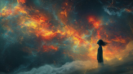 Fototapeta premium Ethereal wanderer gazes into a cosmic tapestry of vibrant colors under a celestial sky at dusk, where dreams meet the vastness of space beyond imagination