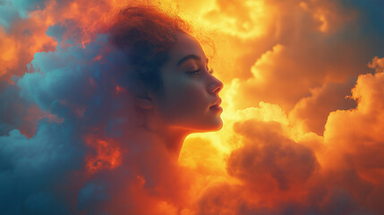 Expressive silhouette of a woman amidst a vibrant sunset fog, blending colors and emotions at dusk
