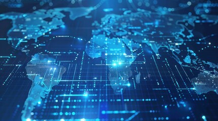 A digitally generated image of a world map with floating data points.