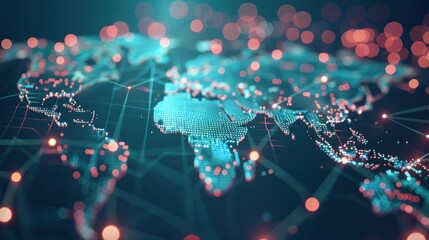 A digitally generated image of a world map with floating data points.