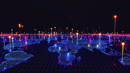 A digitally generated world map with glowing lines and markers.