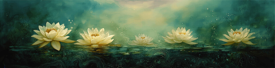 Serene Lotus Flowers on Tranquil Water Background in Artistic Vector Illustration Perfect for Meditation and Interior Decor with Green and Yellow Tones