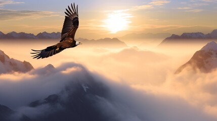 Naklejka premium Eagle Soaring Above Majestic Mountains at Sunrise Breathtaking Vista of Flight in Nature's Embrace