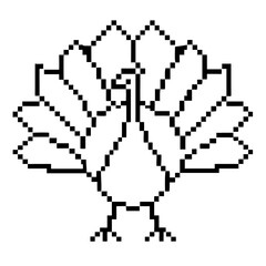 a pixel art illustration of a peacock with its feathers fanned out