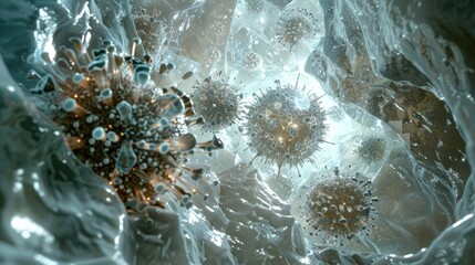 A digitally generated illustration of a virus in a microscopic environment.