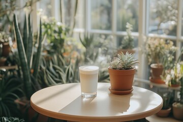 Latte resting on table in greenhouse with succulents