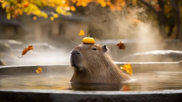 Funny capybara soaking in hot spring water, balancing a yellow citrus on its head