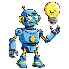 Naklejka premium Cute blue robot with a lightbulb idea