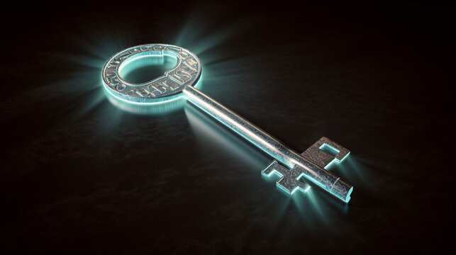 Enigmatic Key Revealing Secrets of the Past on Black Background Glowing with Subtle Light