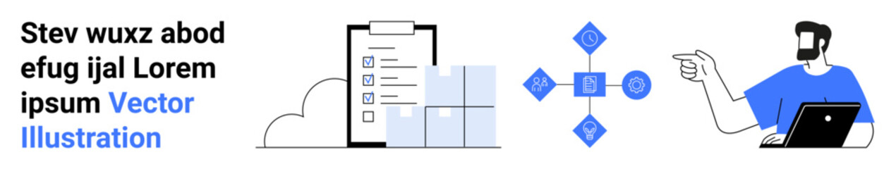 Man pointing at flowchart with connected icons beside a clipboard checklist and data blocks. Ideal for workflow, teamwork, data processing, project management, digital tools, analytics, flat landing