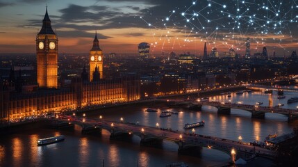 Fototapeta premium London cityscape at night with digital network, aerial view