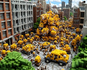 A detailed voxel art depiction of a city street scene
