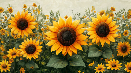 Bright sunflowers bloom vibrantly in a serene field, creating a cheerful atmosphere on a warm summer day