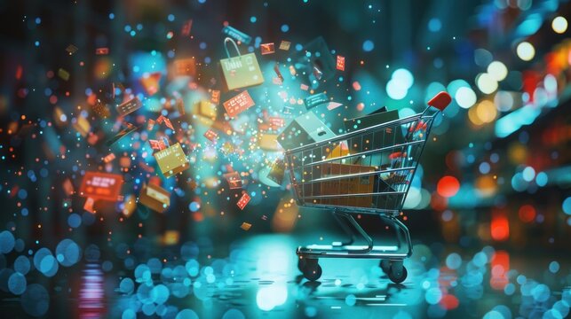 A digitally generated image of a shopping cart with digital items floating.
