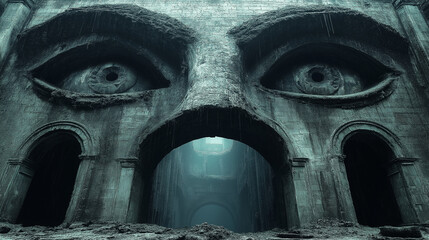 Ancient stone structure with massive eyes gazes into a dark and mysterious underground realm at twilight
