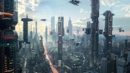 A digitally generated image of a futuristic city with skyscrapers and flying cars.