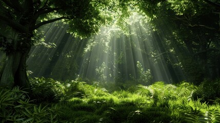 A digitally generated image of a lush green forest with light beams.