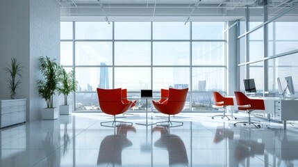 A digitally generated image of an office interior with high-tech furniture.