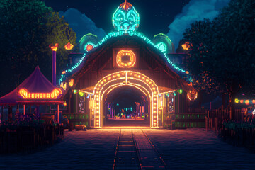 Fototapeta premium Vintage carnival funhouse glowing with neon lights