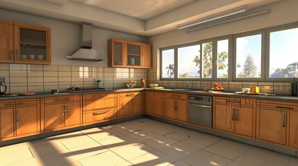 A digitally generated interior of a sleek modern kitchen.
