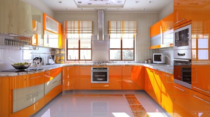 A digitally generated interior of a sleek modern kitchen.